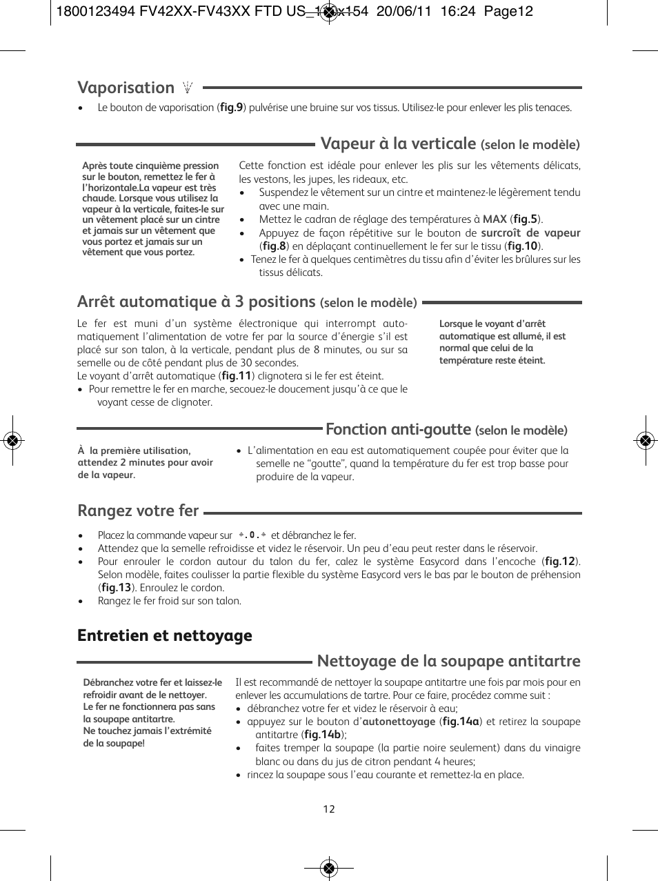 Vapeur à la verticale, Vaporisation, Rangez votre fer | Arrêt automatique à 3 positions, Fonction anti-goutte | T-Fal Ultraglide Easycord User Manual | Page 17 / 30