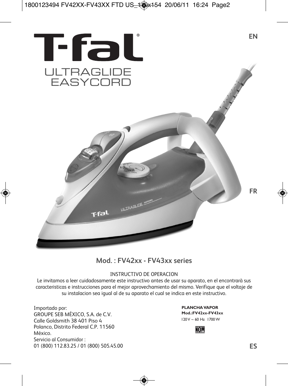 Ultraglide easycord, Mod. : fv42xx - fv43xx series, En fr es | T-Fal Ultraglide Easycord User Manual | Page 2 / 30