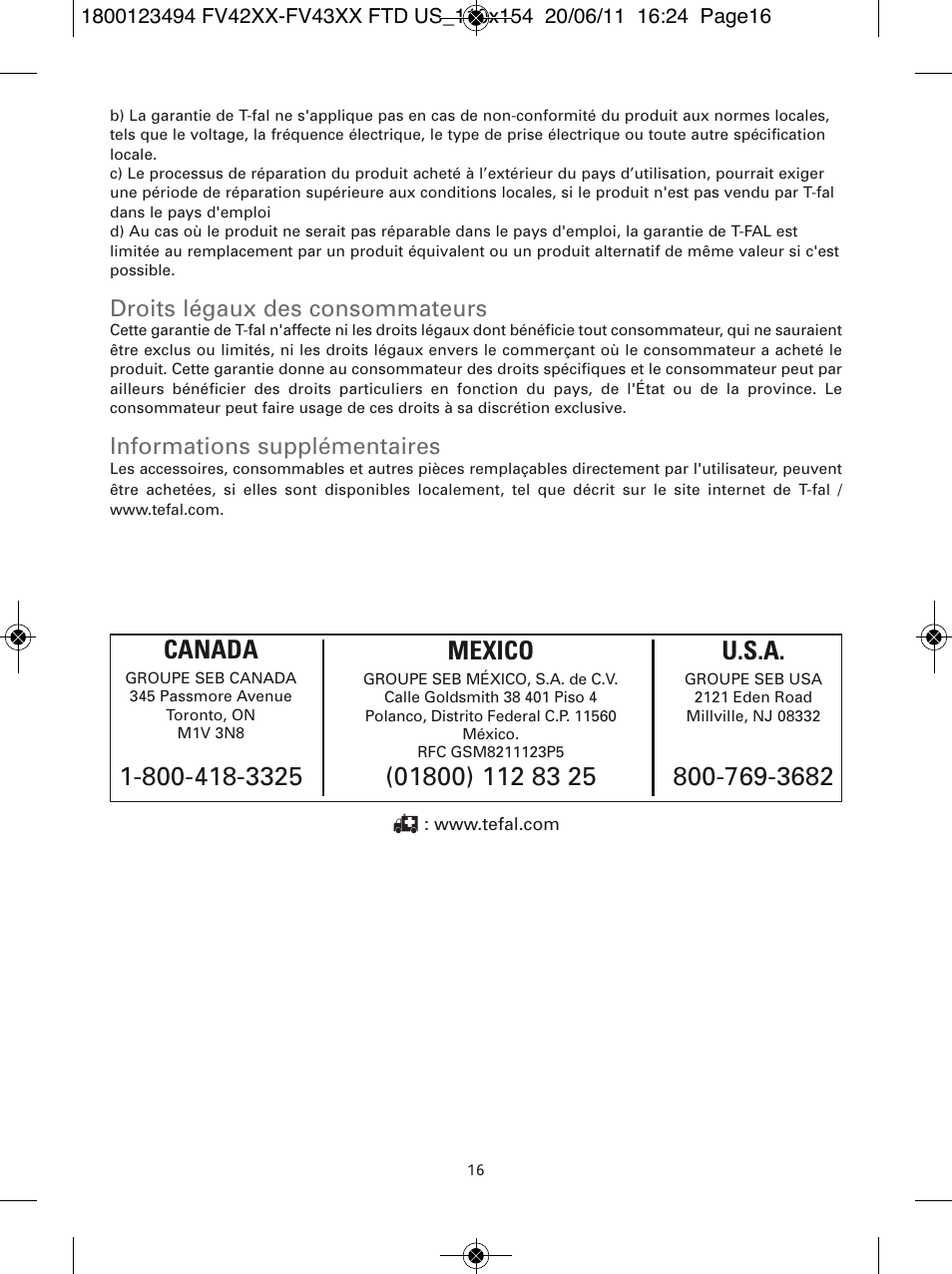 Mexico, Droits légaux des consommateurs, Informations supplémentaires | T-Fal Ultraglide Easycord User Manual | Page 21 / 30