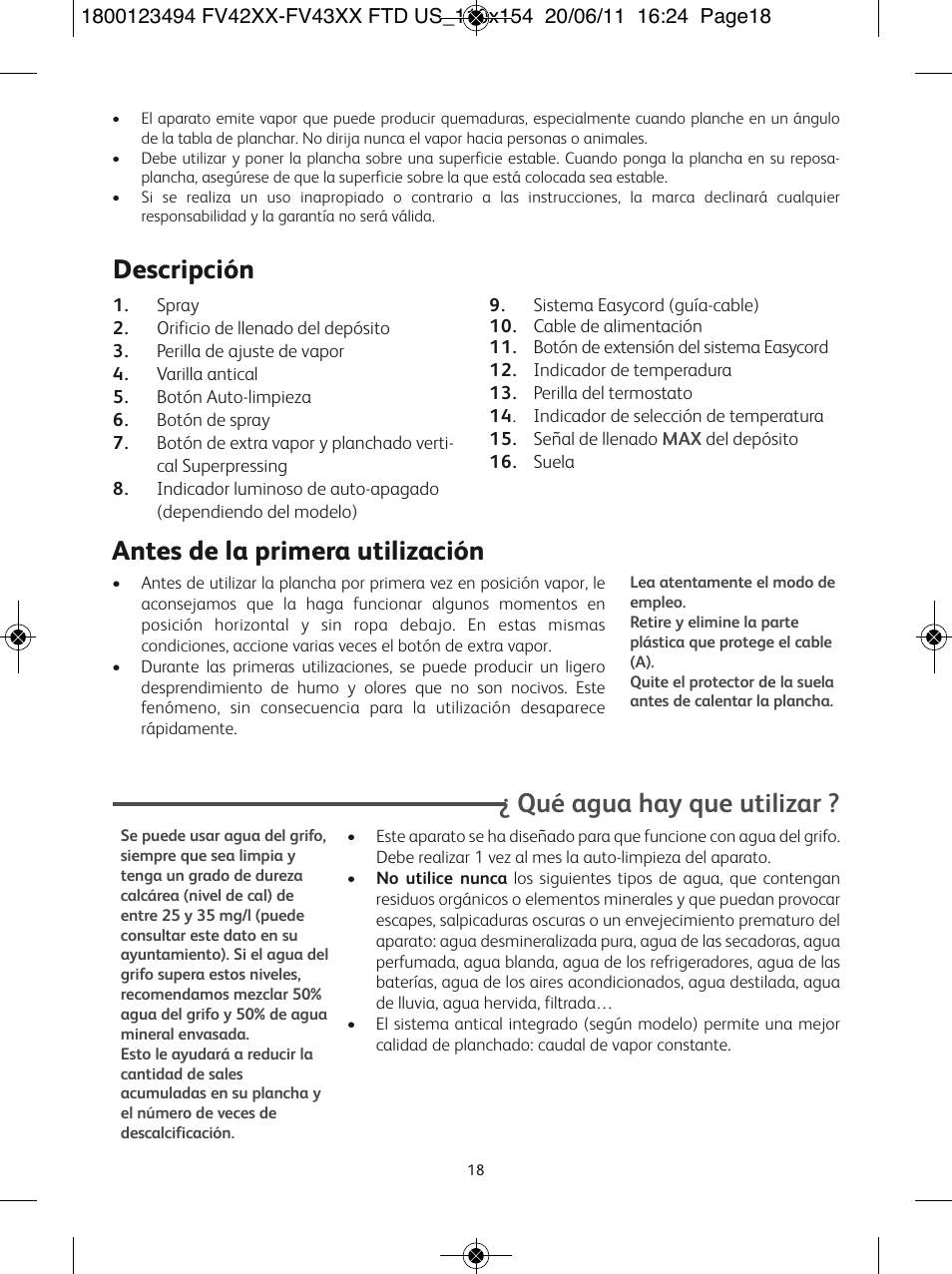 Descripción, Antes de la primera utilización, Qué agua hay que utilizar | T-Fal Ultraglide Easycord User Manual | Page 23 / 30