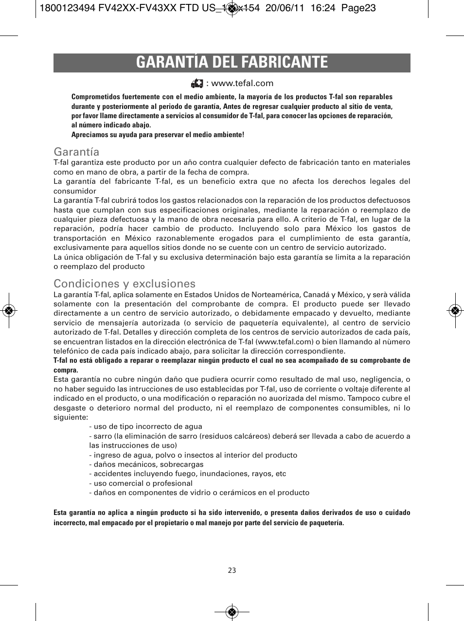 Garantía del fabricante, Garantía, Condiciones y exclusiones | T-Fal Ultraglide Easycord User Manual | Page 28 / 30