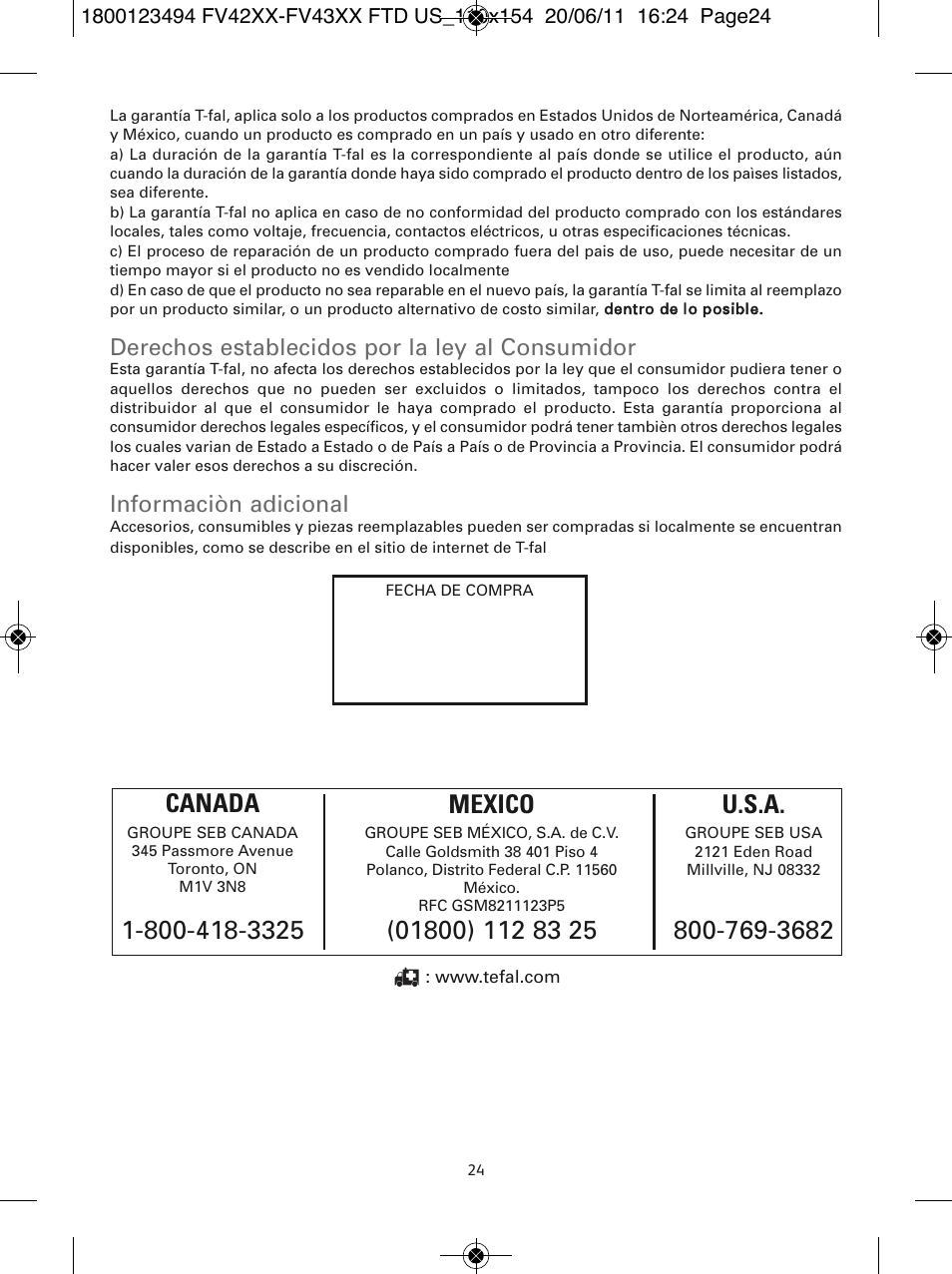 Mexico, Derechos establecidos por la ley al consumidor, Informaciòn adicional | T-Fal Ultraglide Easycord User Manual | Page 29 / 30