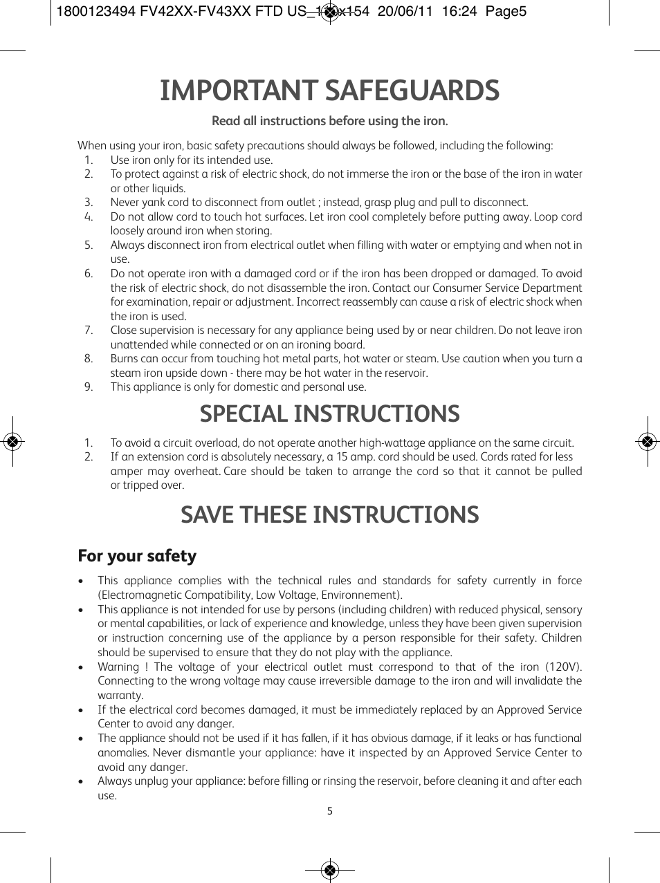 Important safeguards, Special instructions, Save these instructions | For your safety | T-Fal Ultraglide Easycord User Manual | Page 5 / 30