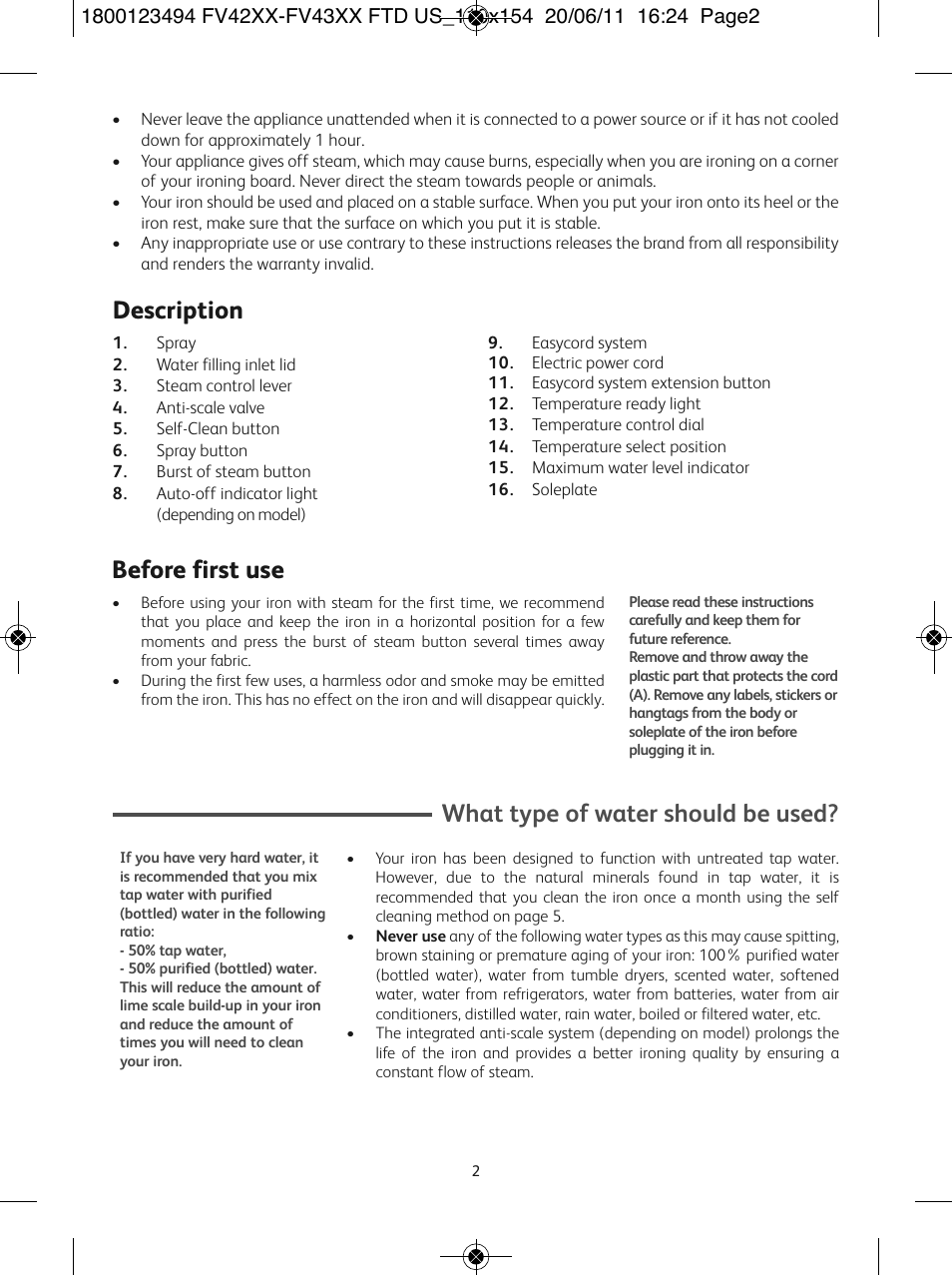 Description, Before first use, What type of water should be used | T-Fal Ultraglide Easycord User Manual | Page 7 / 30