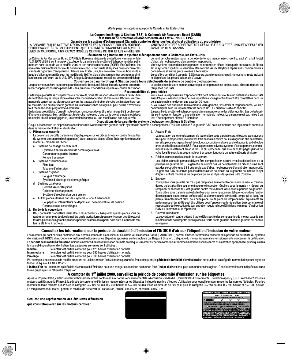 À compter du 1 | Briggs & Stratton 210000 User Manual | Page 20 / 20