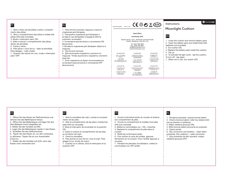 thumbsUp Moonlight Cushion User Manual | 1 page