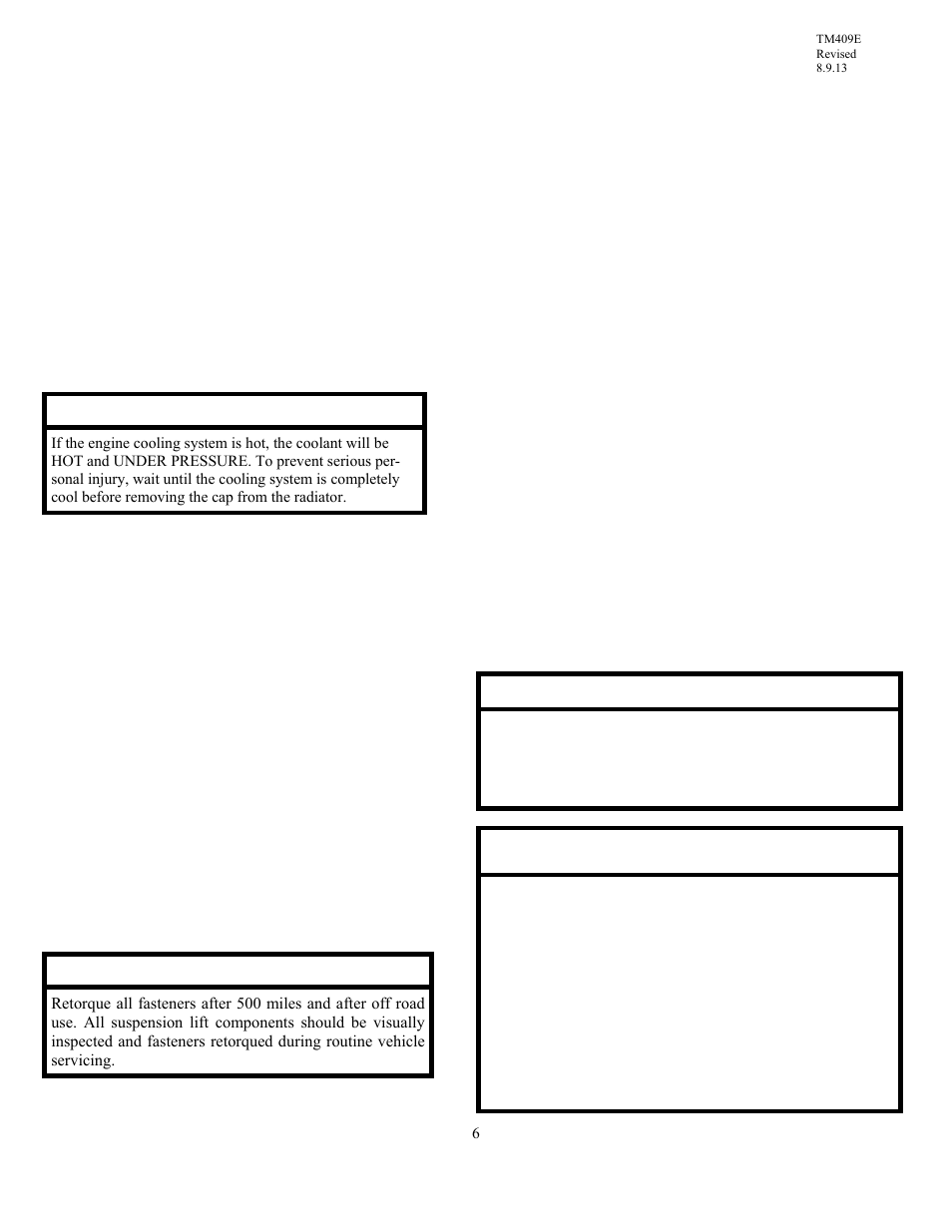 Dynamic vehicle check, Troubleshooting, Caution | Engine compartment | Trail Master Suspension TM409E 2005– 2012 FORD F-250/F-350 4WD 2 1/2 SPACER KIT User Manual | Page 6 / 8