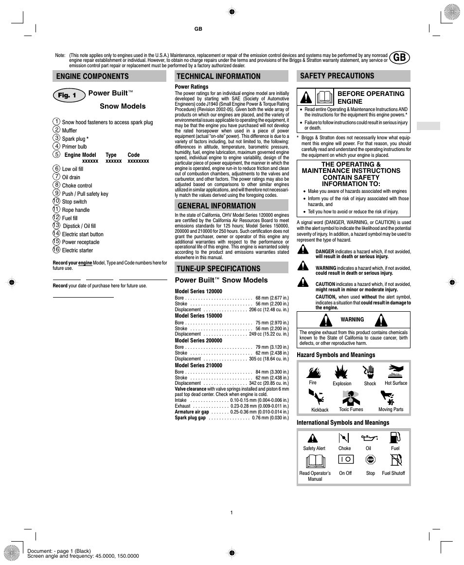 Engine components, Technical information, General information | Tunećup specifications, Safety precautions | Briggs & Stratton POWER BUILT 150000 User Manual | Page 3 / 10