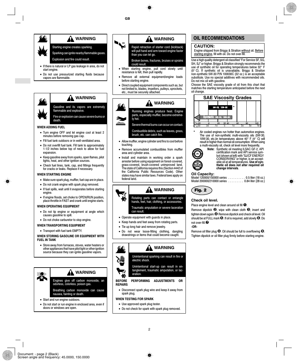 Oil recommendations, Sae viscosity grades | Briggs & Stratton POWER BUILT 150000 User Manual | Page 4 / 10