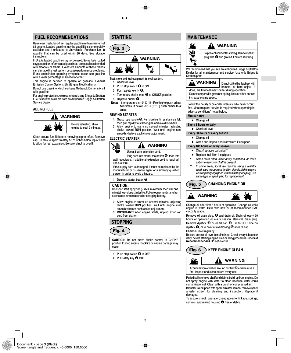 Fuel recommendations, Starting, Stopping | Maintenance | Briggs & Stratton POWER BUILT 150000 User Manual | Page 5 / 10
