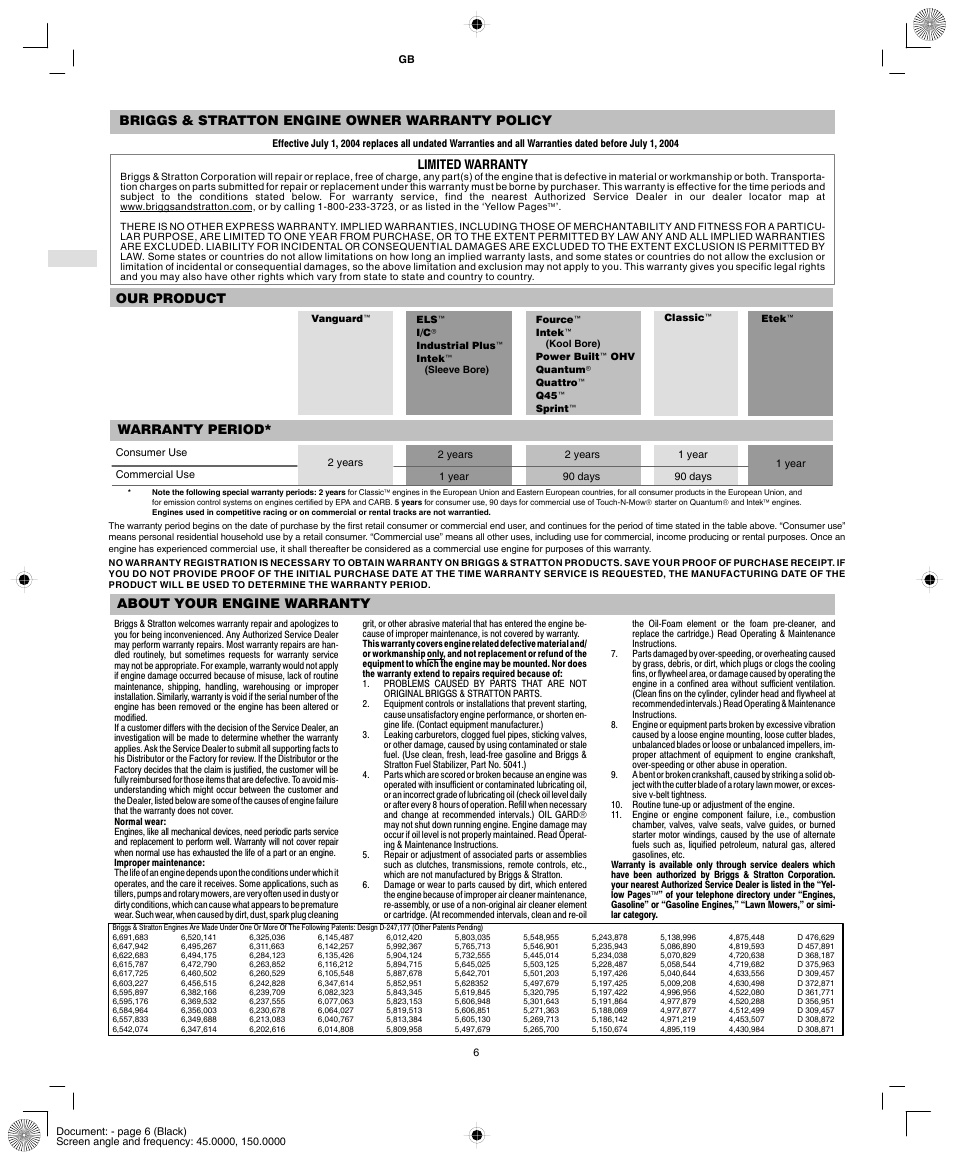 Briggs & stratton engine owner warranty policy, Limited warranty, Our product warranty period | About your engine warranty | Briggs & Stratton POWER BUILT 150000 User Manual | Page 8 / 10
