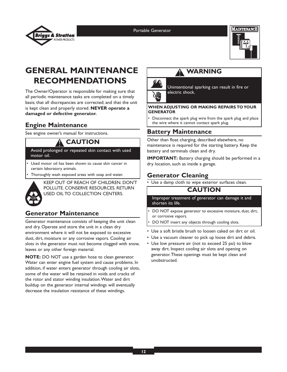 General maintenance recommendations, Engine maintenance, Generator maintenance | Battery maintenance, Generator cleaning, Caution, Warning | Briggs & Stratton 01653  EU User Manual | Page 12 / 44
