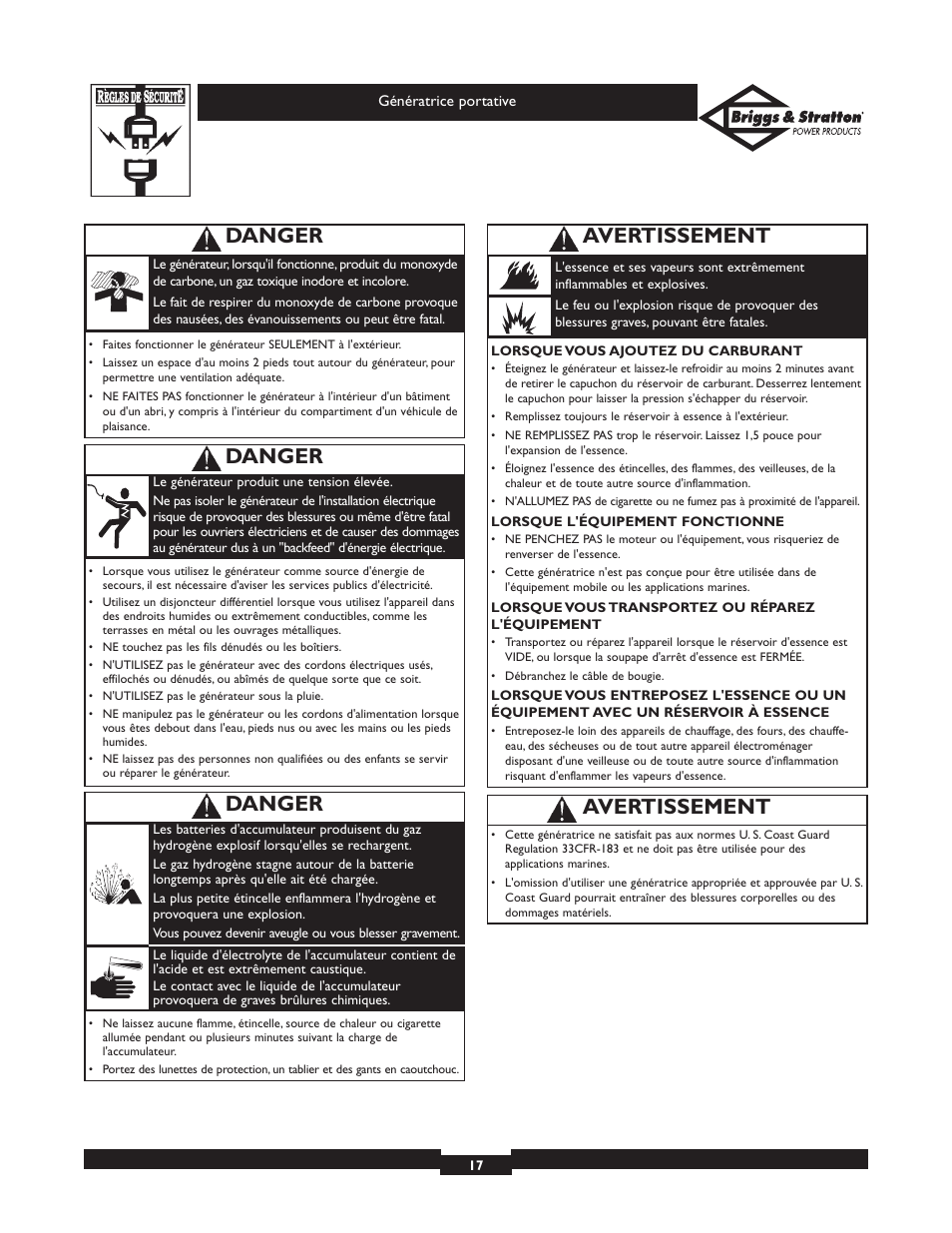 Avertissement, Danger | Briggs & Stratton 01653  EU User Manual | Page 17 / 44