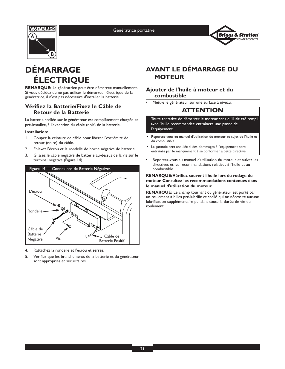 Démarrage électrique, Avant le démarrage du moteur, Attention | Briggs & Stratton 01653  EU User Manual | Page 21 / 44