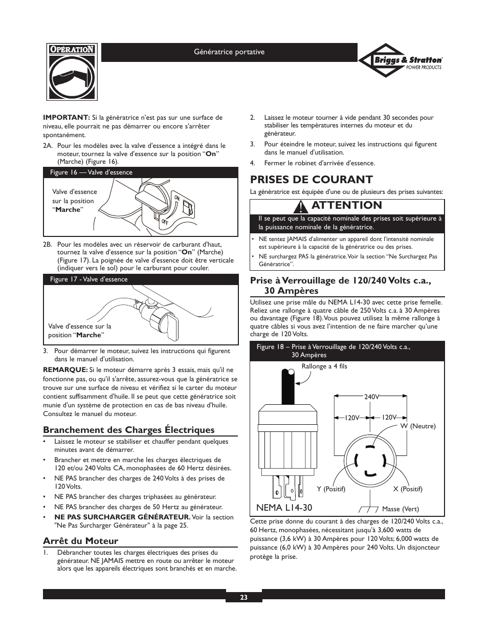Prises de courant, Attention, Branchement des charges électriques | Arrêt du moteur, Nema l14-30 | Briggs & Stratton 01653  EU User Manual | Page 23 / 44