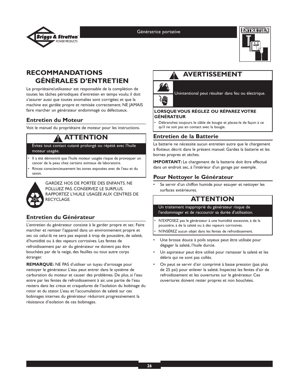 Recommandations générales d’entretien, Attention, Avertissement | Briggs & Stratton 01653  EU User Manual | Page 26 / 44