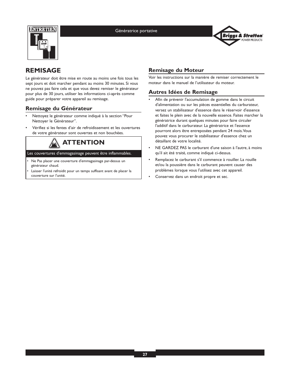 Remisage, Attention | Briggs & Stratton 01653  EU User Manual | Page 27 / 44
