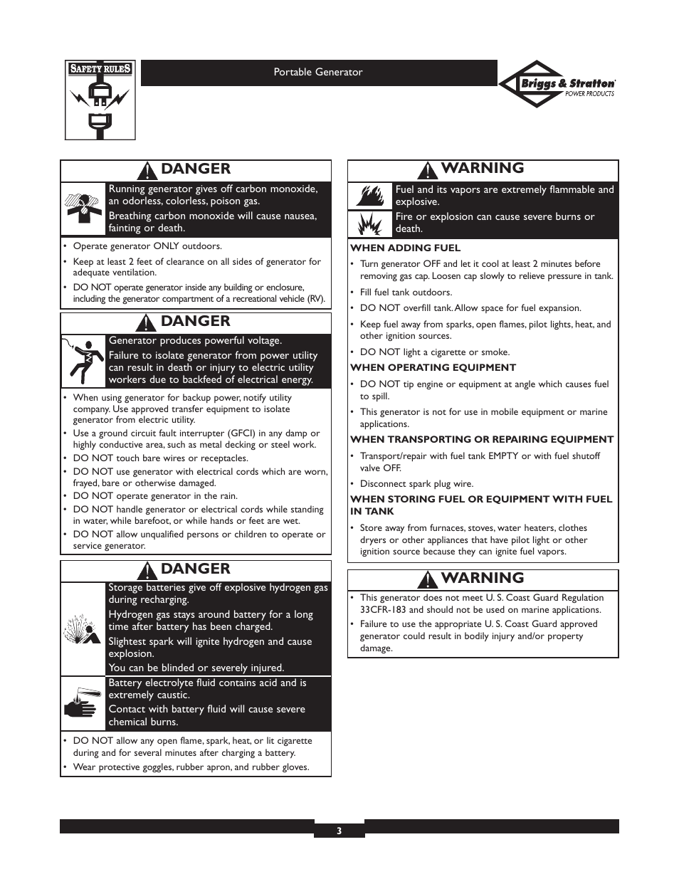 Danger, Warning | Briggs & Stratton 01653  EU User Manual | Page 3 / 44