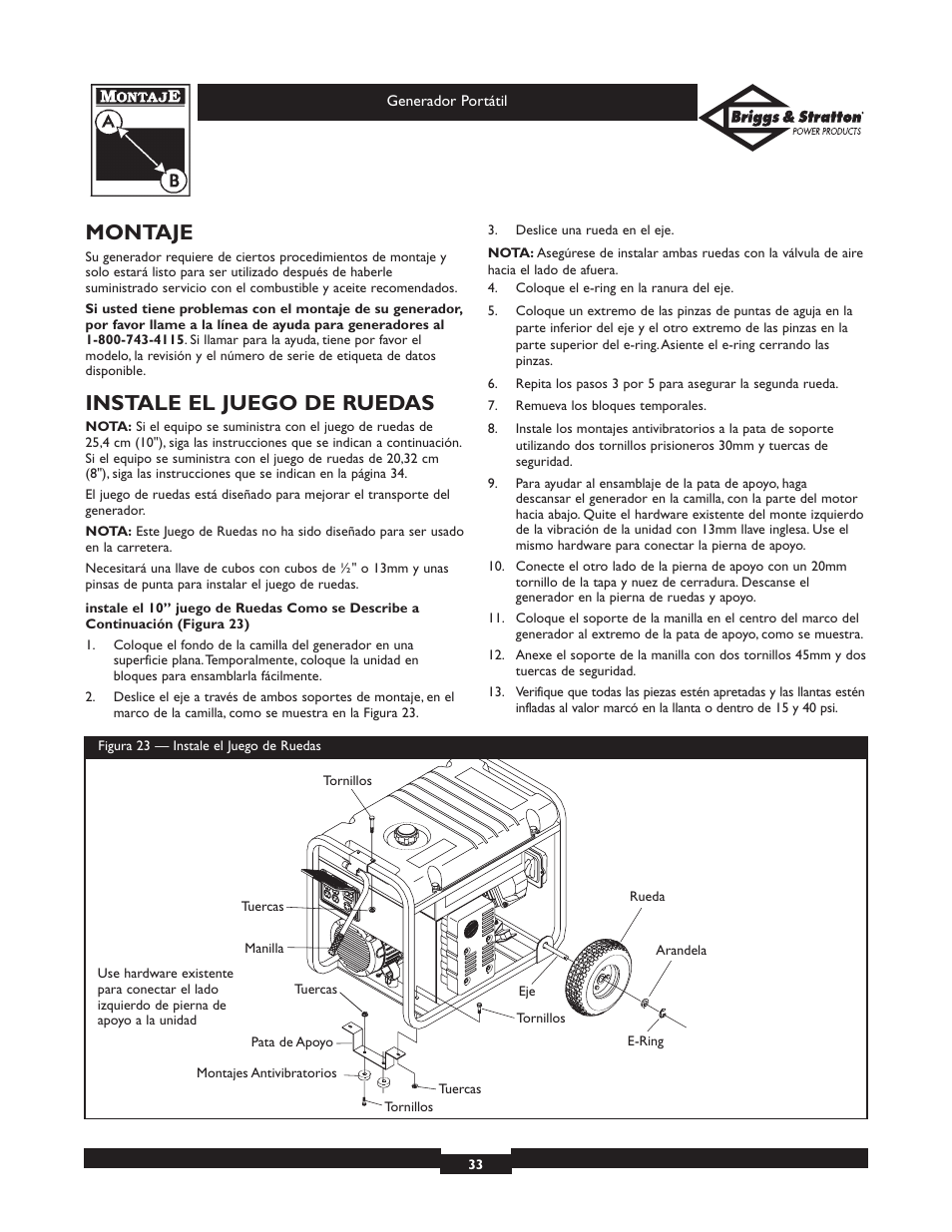 Montaje, Instale el juego de ruedas | Briggs & Stratton 01653  EU User Manual | Page 33 / 44