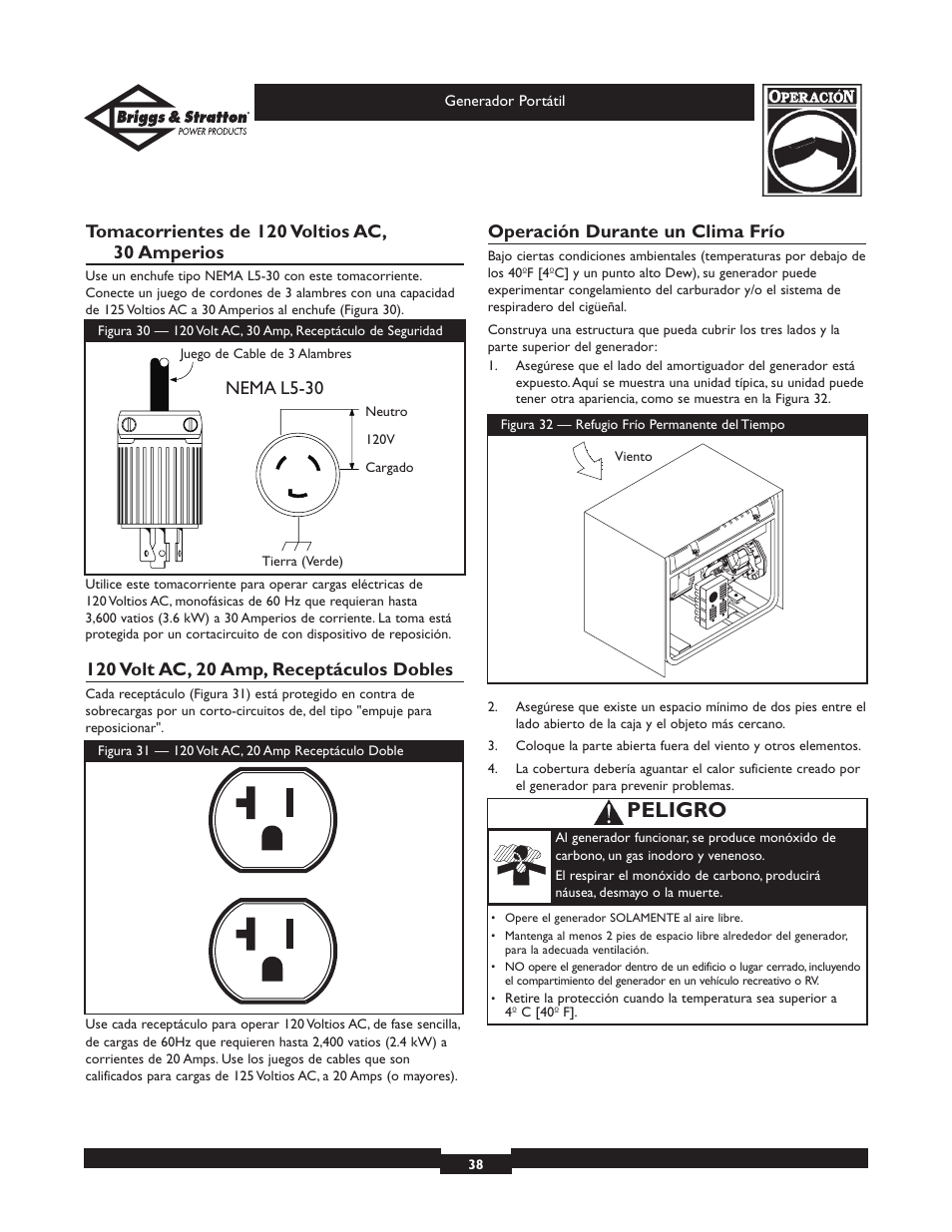 Peligro, Operación durante un clima frío, Nema l5-30 | Briggs & Stratton 01653  EU User Manual | Page 38 / 44