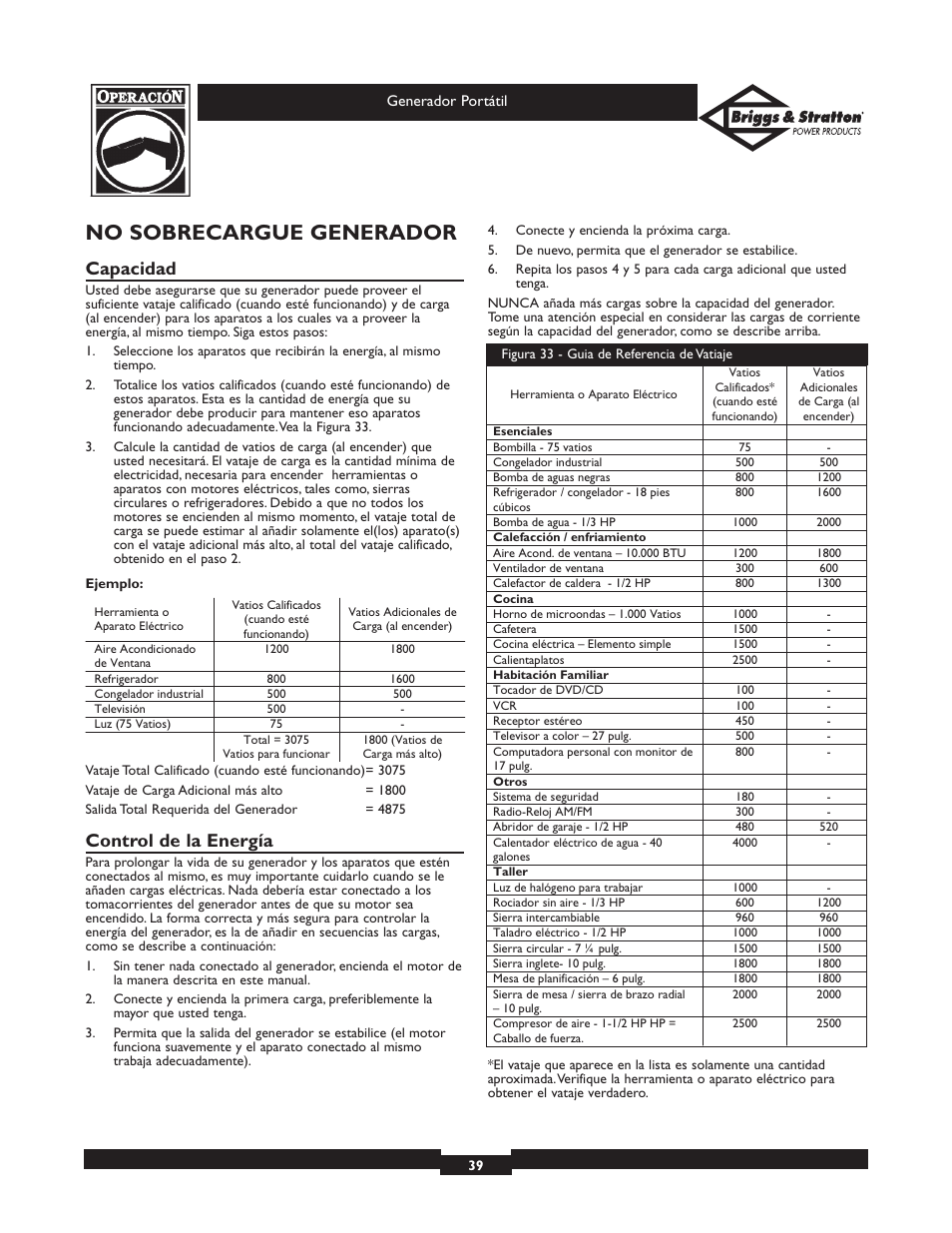 No sobrecargue generador, Capacidad, Control de la energía | Briggs & Stratton 01653  EU User Manual | Page 39 / 44