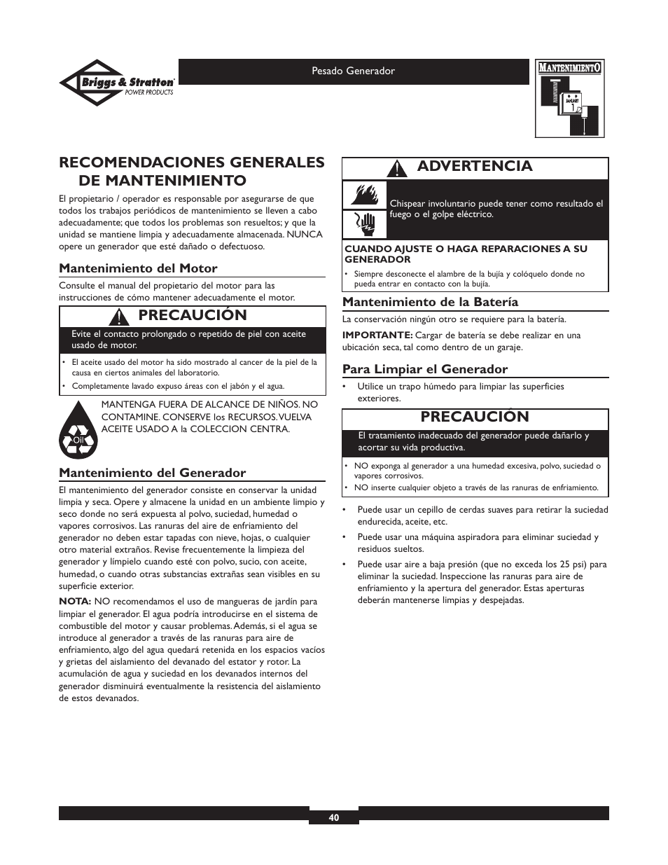 Recomendaciones generales de mantenimiento, Precaución, Advertencia | Briggs & Stratton 01653  EU User Manual | Page 40 / 44
