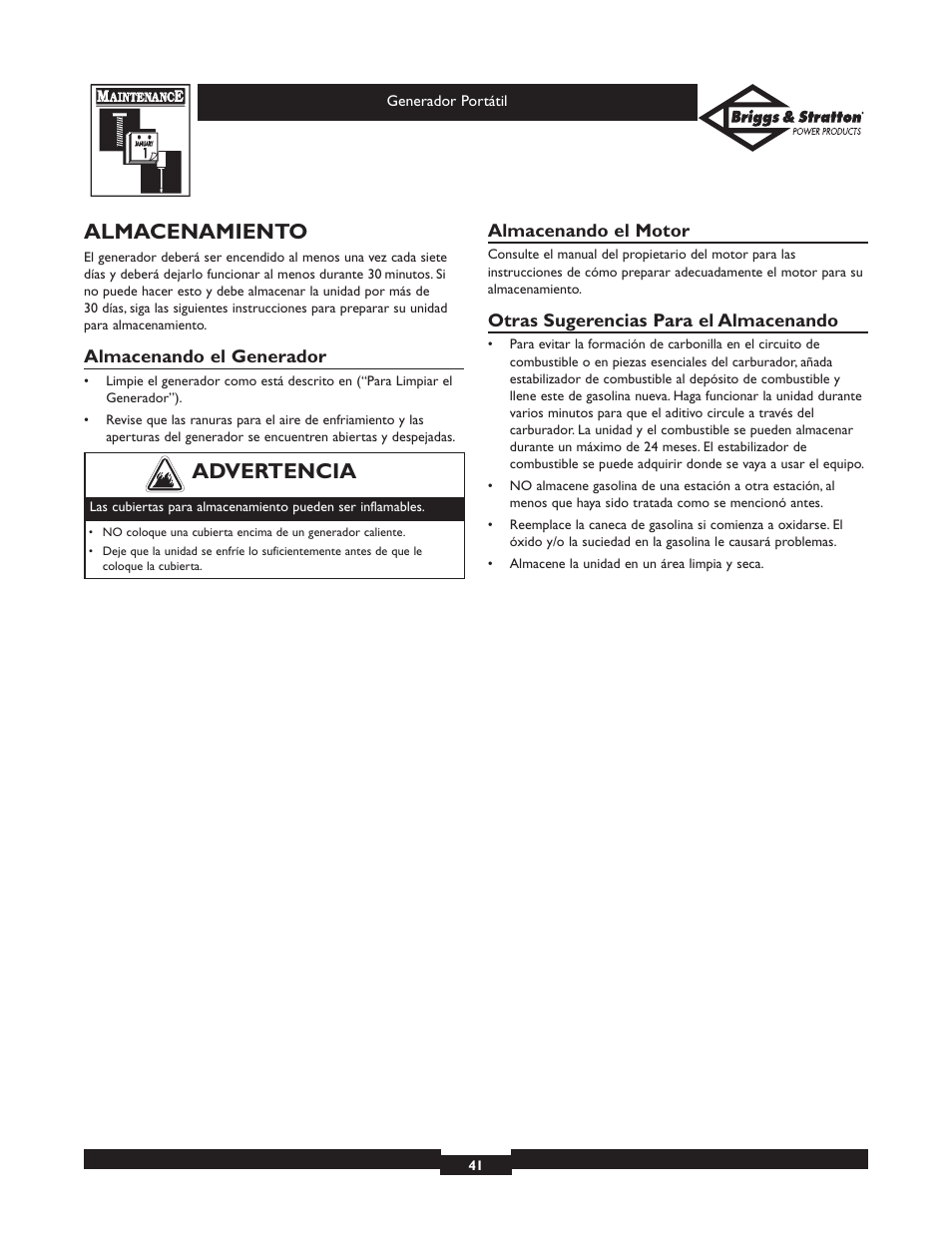 Almacenamiento, Advertencia | Briggs & Stratton 01653  EU User Manual | Page 41 / 44