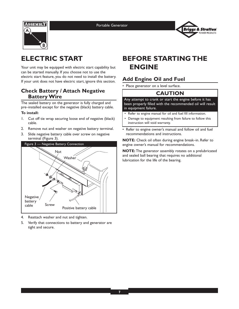 Electric start, Before starting the engine, Check battery / attach negative battery wire | Add engine oil and fuel, Caution | Briggs & Stratton 01653  EU User Manual | Page 7 / 44