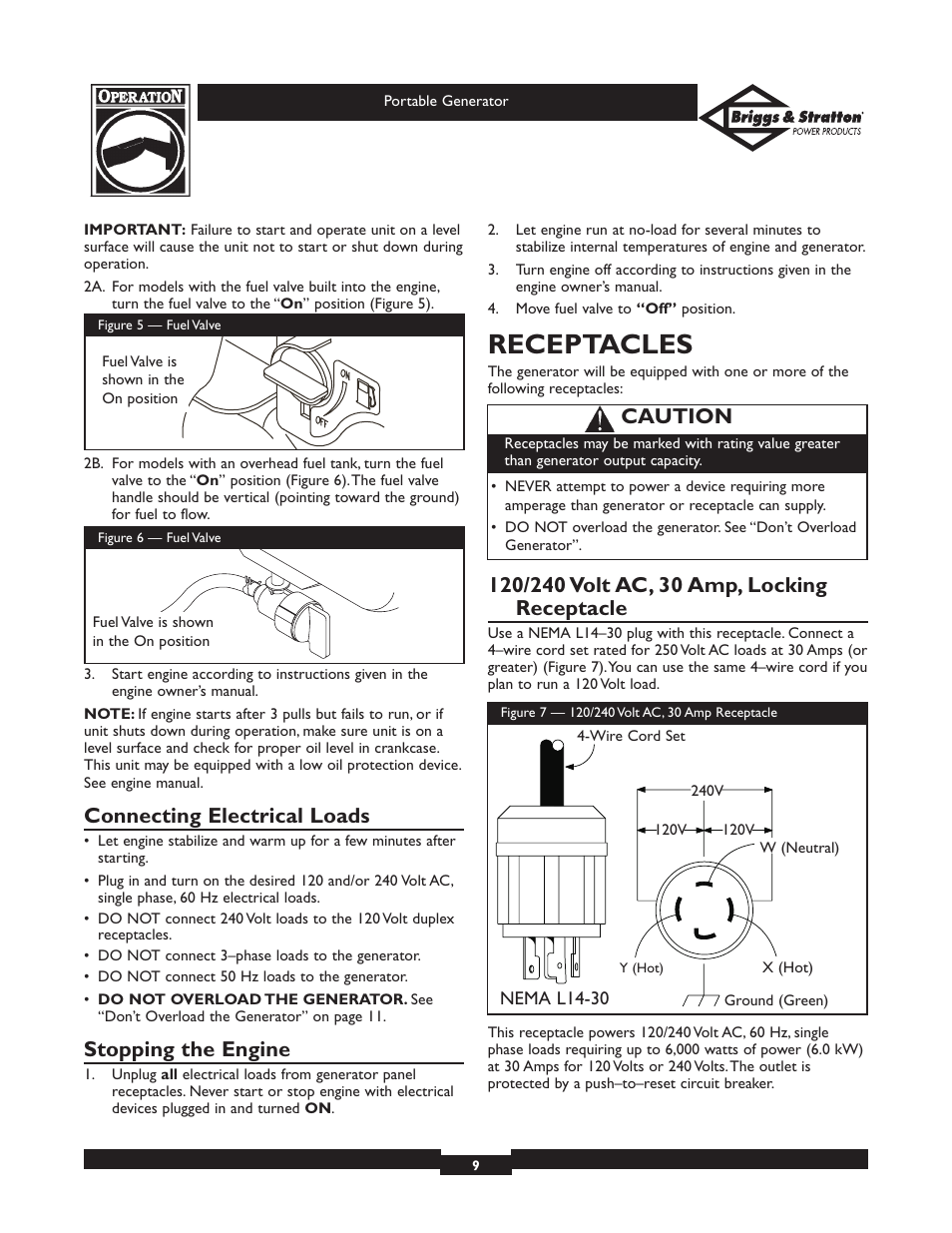 Receptacles, Connecting electrical loads, Stopping the engine | Caution | Briggs & Stratton 01653  EU User Manual | Page 9 / 44