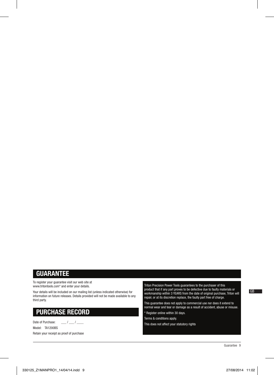 Guarantee, Purchase record | Triton TA1200BS User Manual | Page 10 / 60