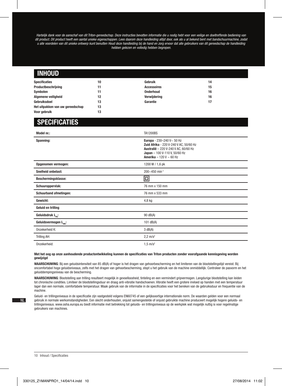 Specificaties inhoud | Triton TA1200BS User Manual | Page 11 / 60