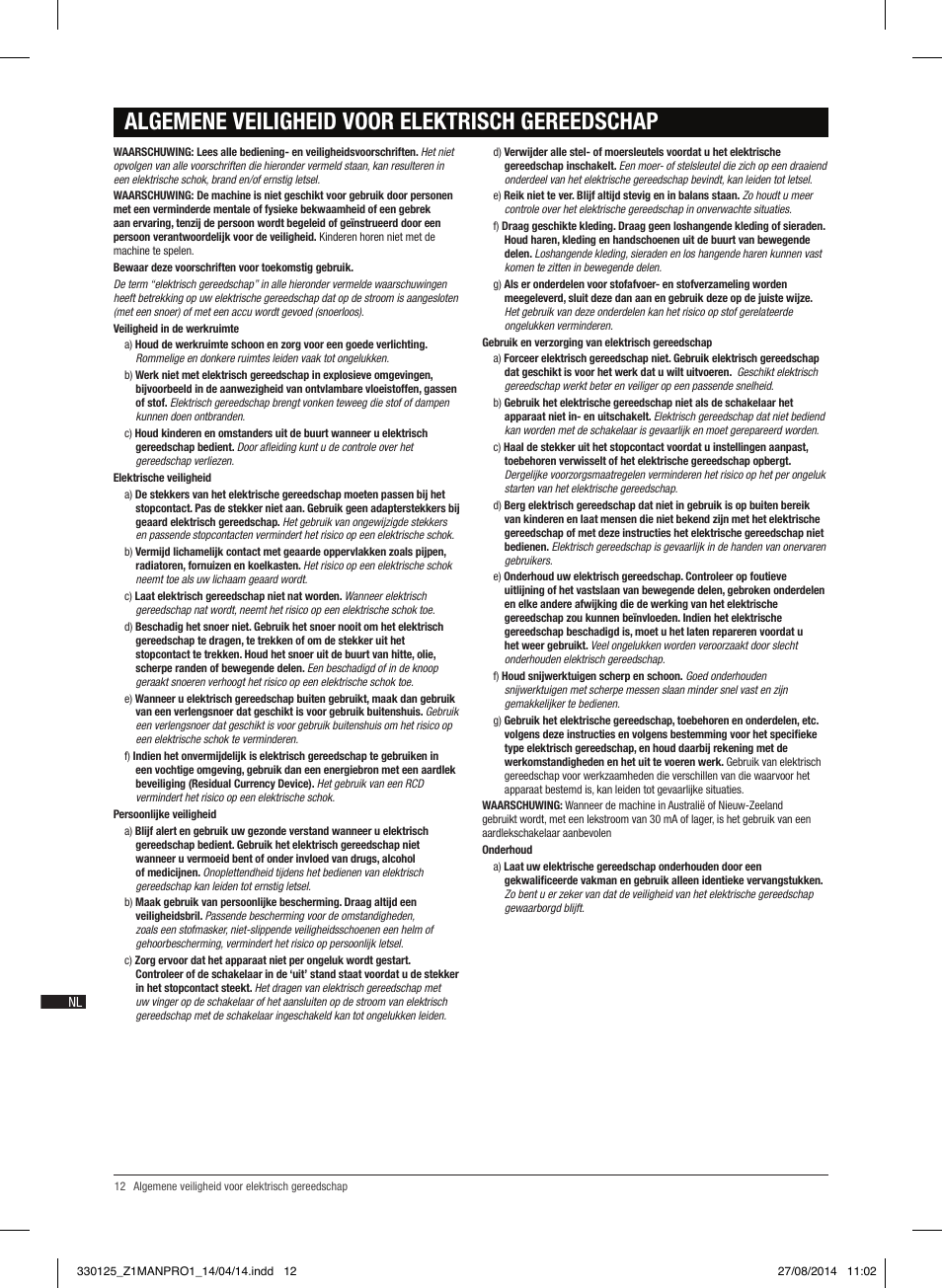 Algemene veiligheid voor elektrisch gereedschap | Triton TA1200BS User Manual | Page 13 / 60