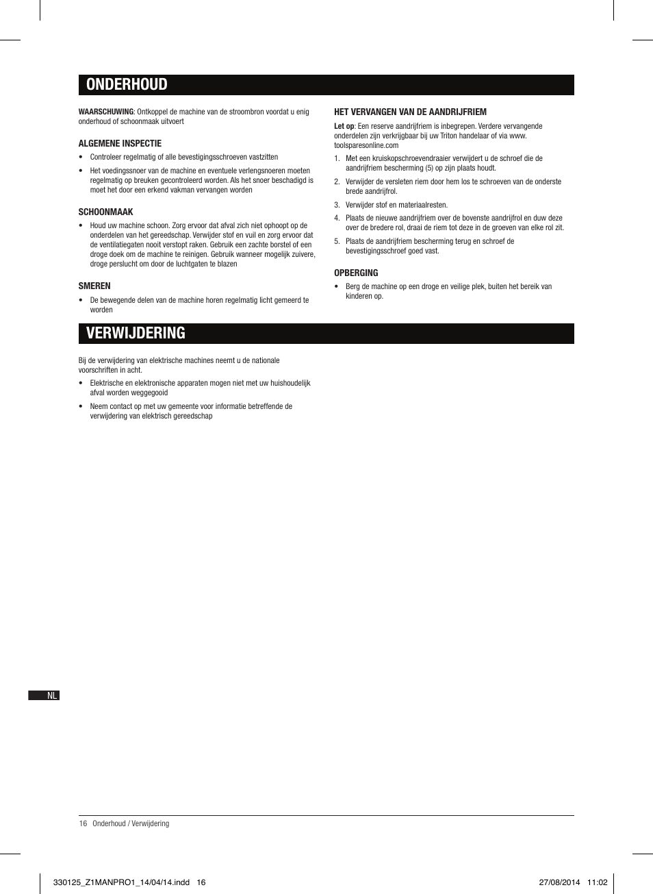 Onderhoud verwijdering | Triton TA1200BS User Manual | Page 17 / 60