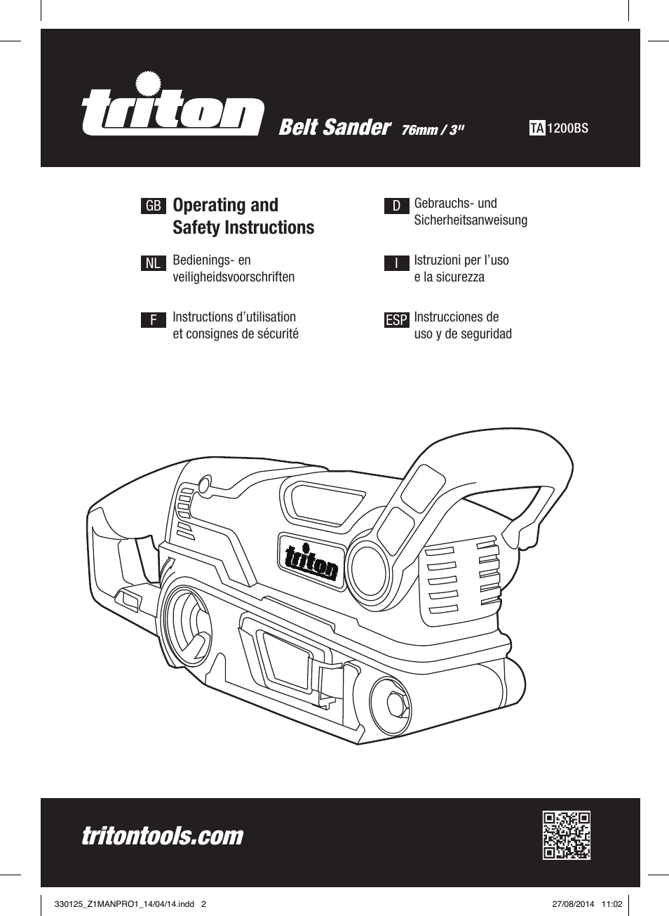 Belt sander, Operating and safety instructions | Triton TA1200BS User Manual | Page 2 / 60