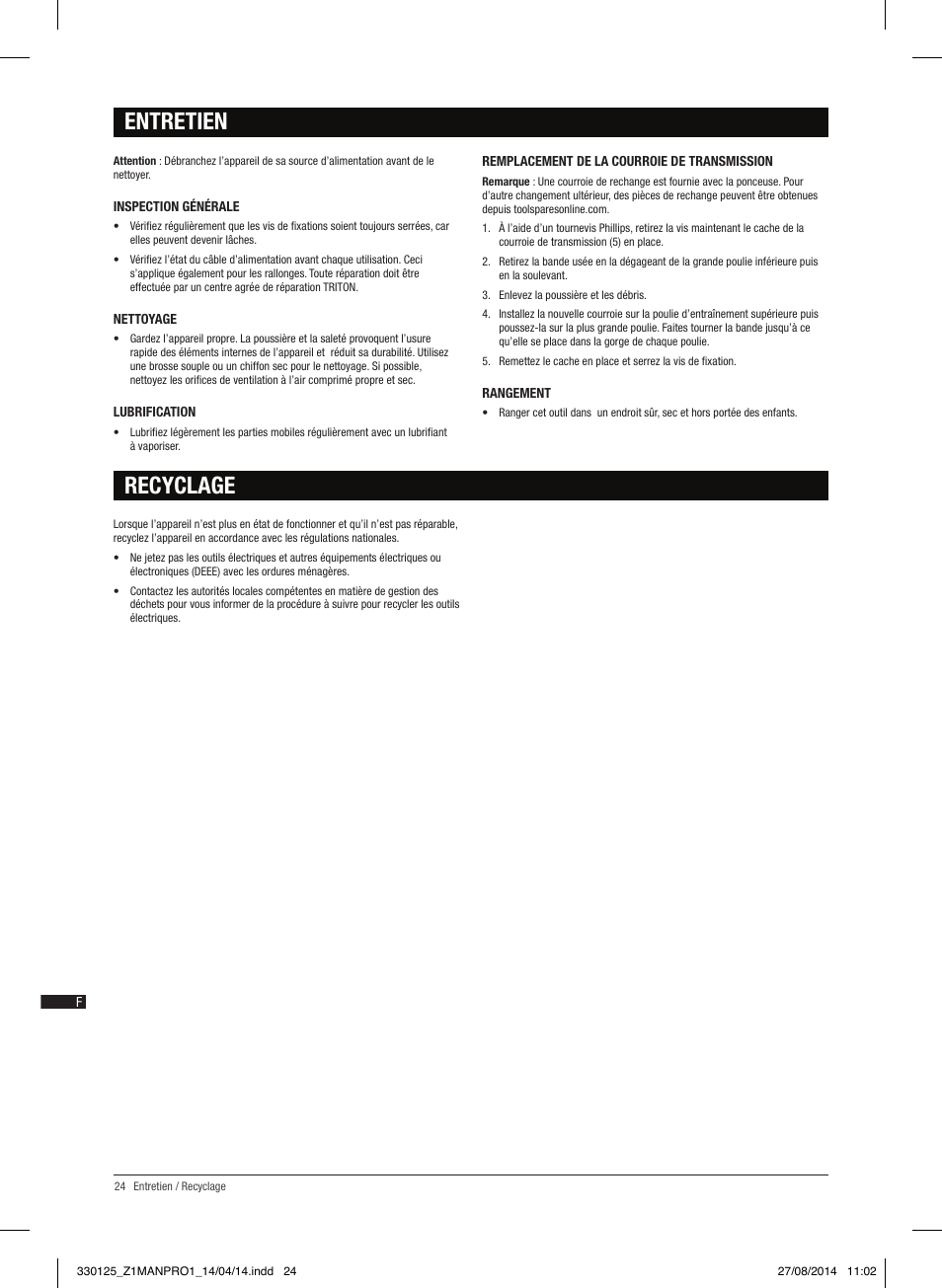 Entretien recyclage | Triton TA1200BS User Manual | Page 25 / 60