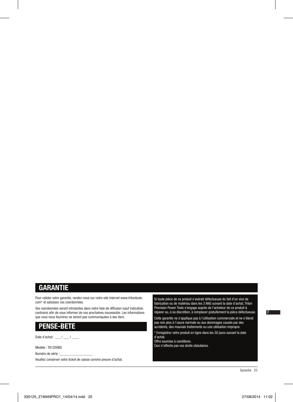 Pense-bete, Garantie | Triton TA1200BS User Manual | Page 26 / 60