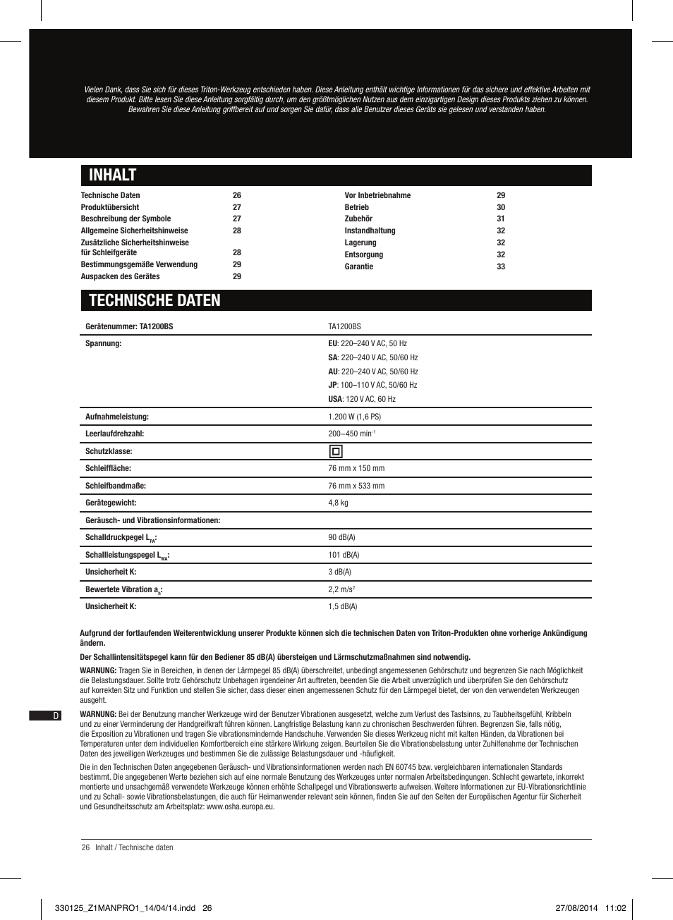 Technische daten inhalt | Triton TA1200BS User Manual | Page 27 / 60