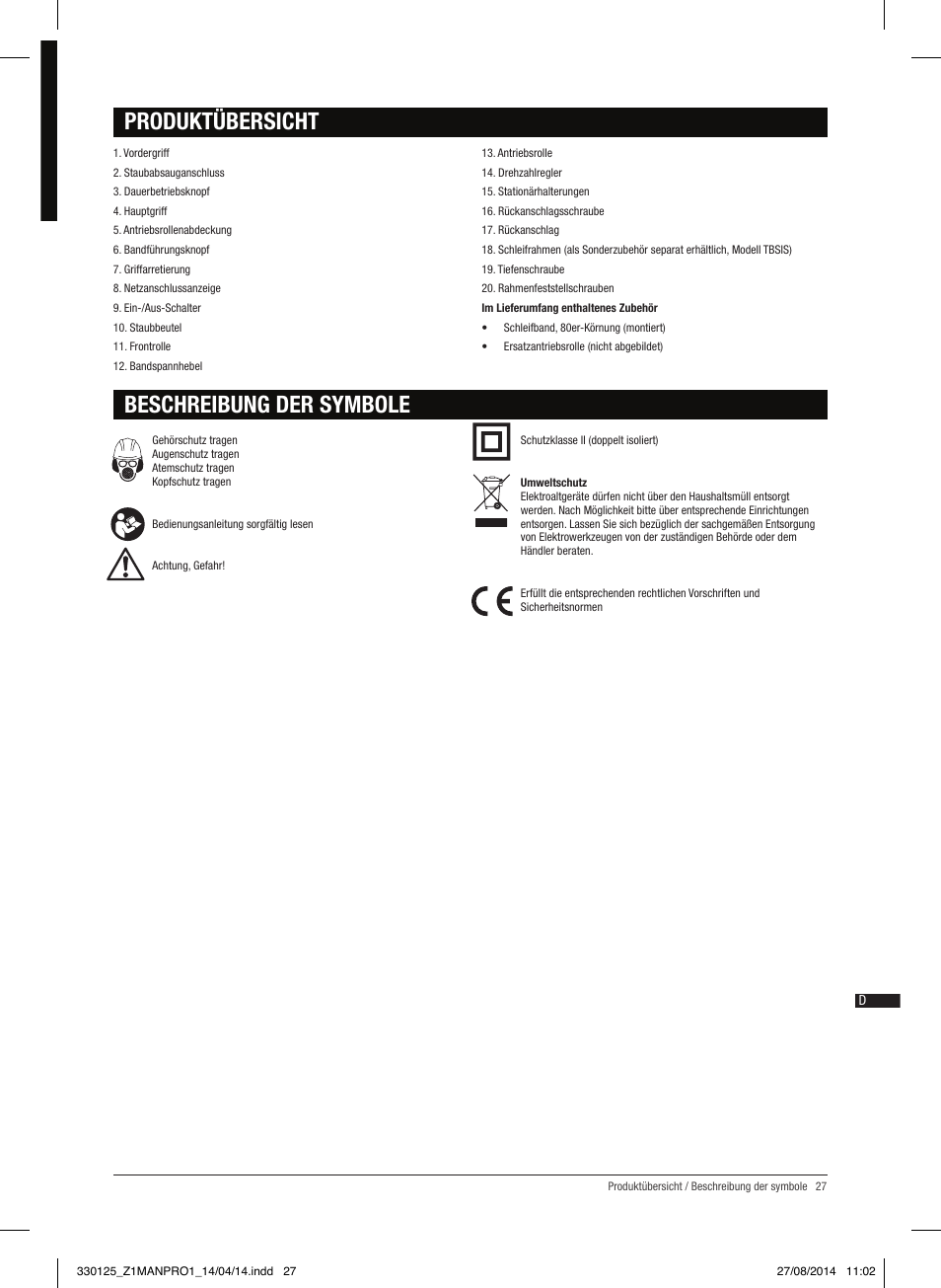 Produktübersicht, Beschreibung der symbole | Triton TA1200BS User Manual | Page 28 / 60