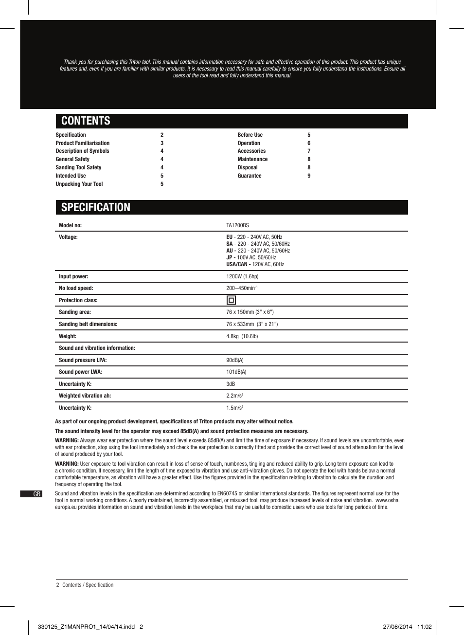 Specification contents | Triton TA1200BS User Manual | Page 3 / 60