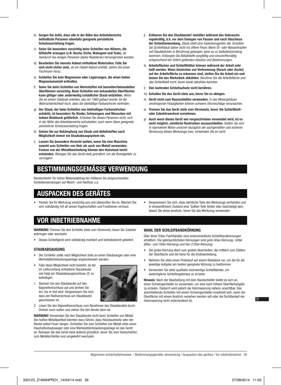 Vor inbetriebnahme | Triton TA1200BS User Manual | Page 30 / 60