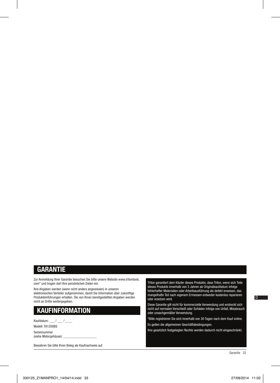 Kaufinformation, Garantie | Triton TA1200BS User Manual | Page 34 / 60