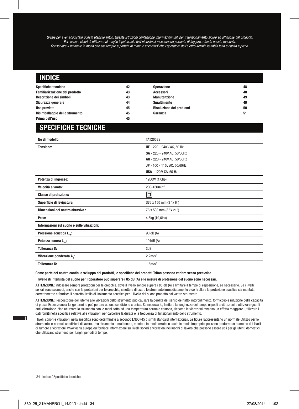 Specifiche tecniche indice | Triton TA1200BS User Manual | Page 35 / 60