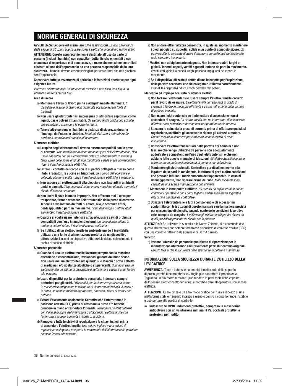Norme generali di sicurezza | Triton TA1200BS User Manual | Page 37 / 60
