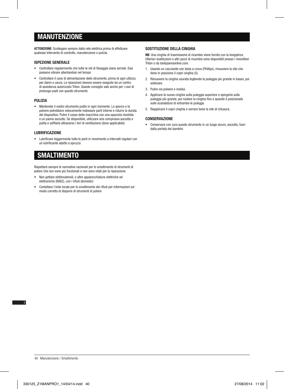 Manutenzione smaltimento | Triton TA1200BS User Manual | Page 41 / 60