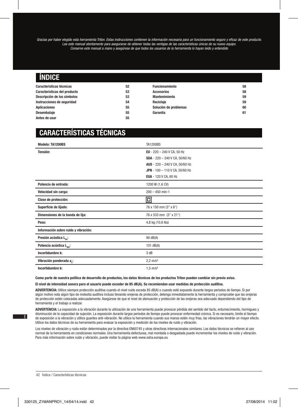Características técnicas índice | Triton TA1200BS User Manual | Page 43 / 60