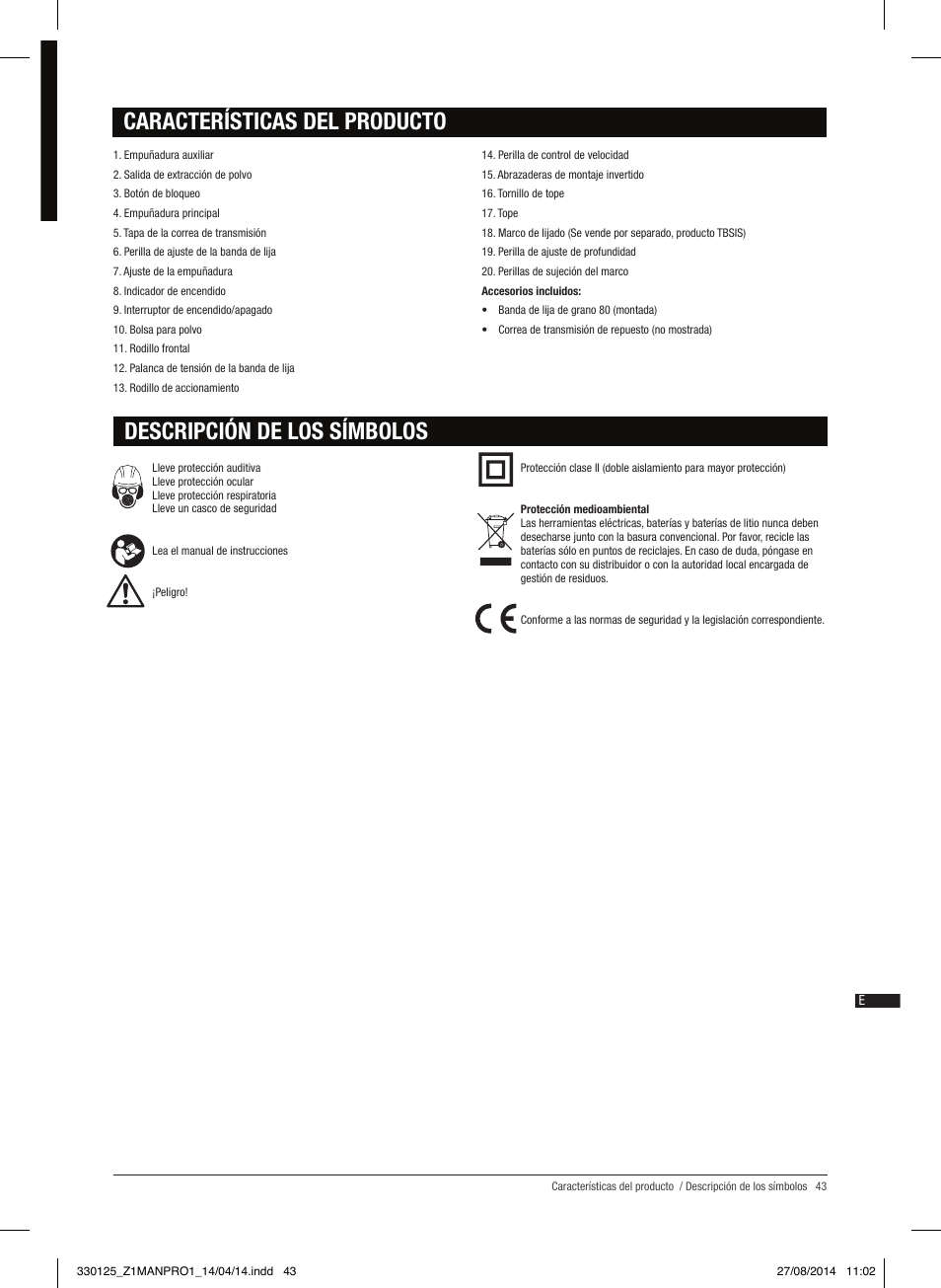Características del producto, Descripción de los símbolos | Triton TA1200BS User Manual | Page 44 / 60