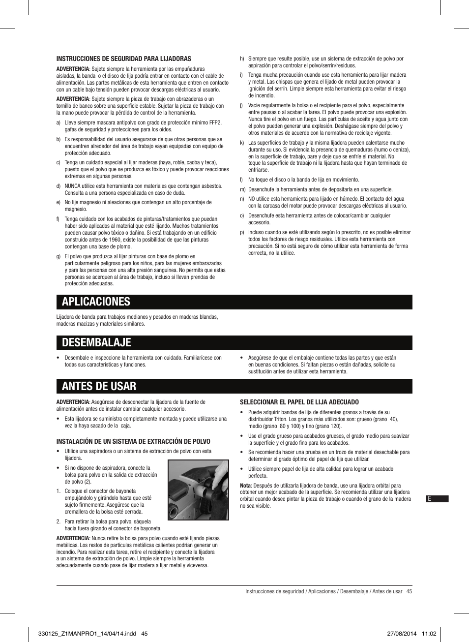 Aplicaciones desembalaje, Antes de usar | Triton TA1200BS User Manual | Page 46 / 60