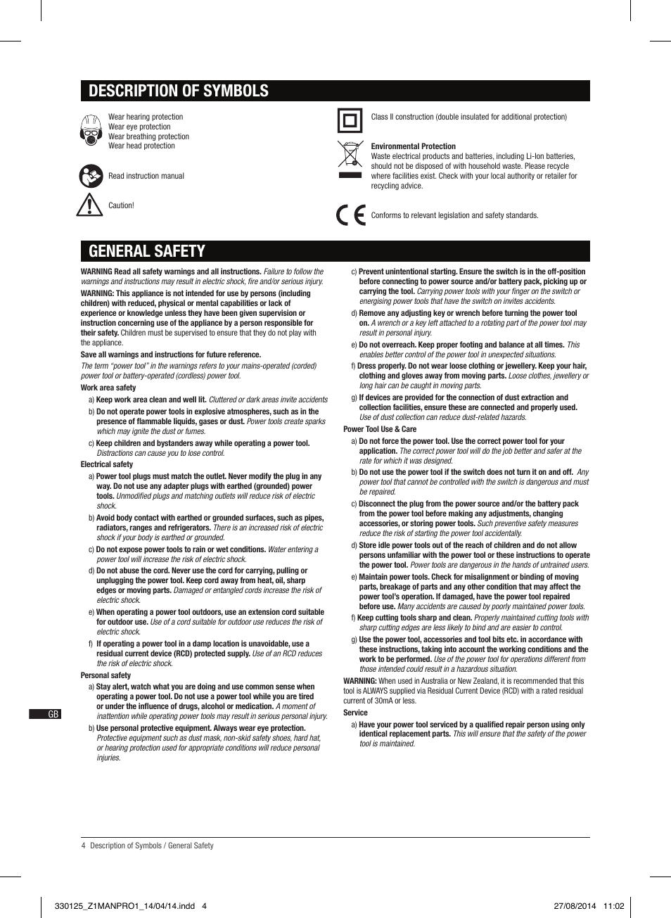 General safety, Description of symbols | Triton TA1200BS User Manual | Page 5 / 60