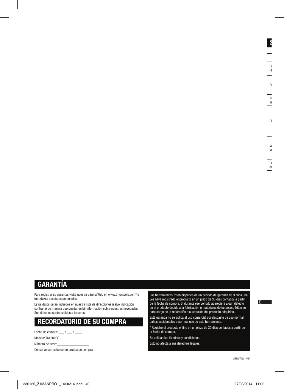Solución de problemas, Recordatorio de su compra, Garantía | Triton TA1200BS User Manual | Page 50 / 60