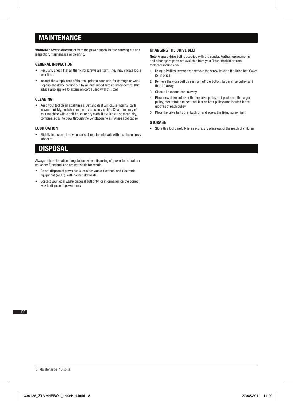 Maintenance disposal | Triton TA1200BS User Manual | Page 9 / 60
